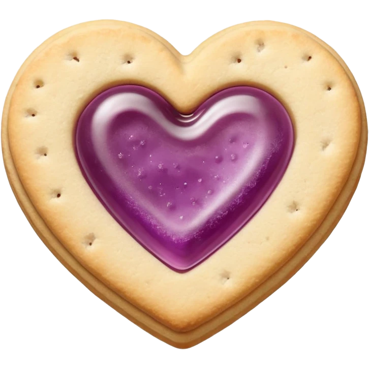 Realistic shortbread cookie in the shape of a heart with mauve jelly middle filling and sprinkled powder sugar on top. emoji