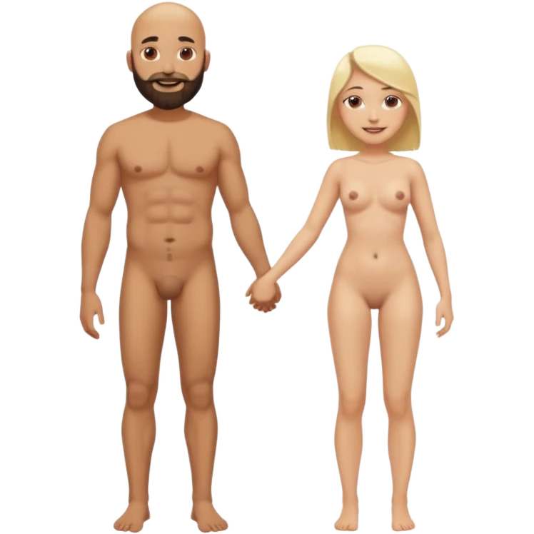 Fully Naked Indian bald man with a beard holding hands with naked blonde fit woman emoji