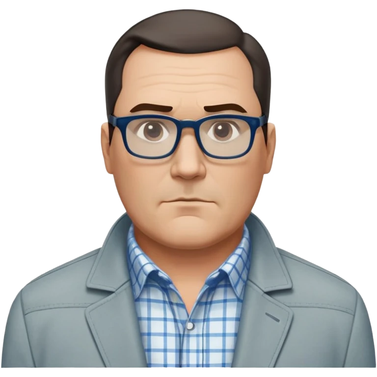 50-year-old heavyset man with very wide face and prominent square jawline. Short straight hair combed to the side, not balding. Large dark square glasses. Serious-relaxed expression. Light gray jacket that fits his larger frame, white shirt with blue checkered pattern. emoji