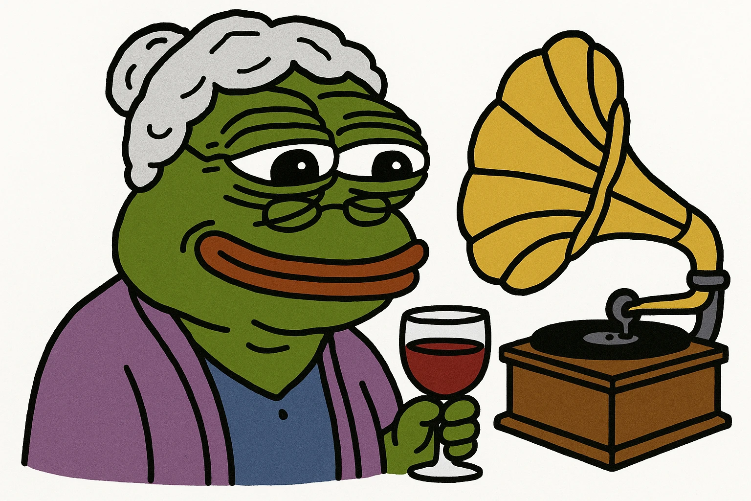 old lady with wineglass listening to gramophone emoji
