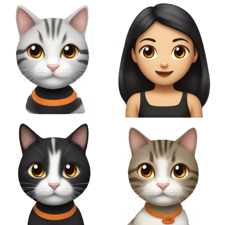 3 cats, one is grey tabby, one is 3 colors with orange black and white also she has spot on her upper lip like mustache. And one is orange tabby. I’m pretty asian woman with dark brown long hair wearing black tutle neck and so many cats hairs on it emoji
