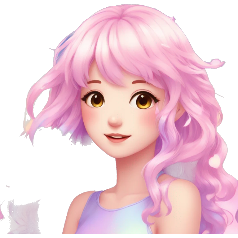 Gorgeous Beautiful Blushing Petite Colorful-Shiny-Pastel-Fairy-Anime-Girl with beautiful gradient pastel hair aesthetic with white border emoji
