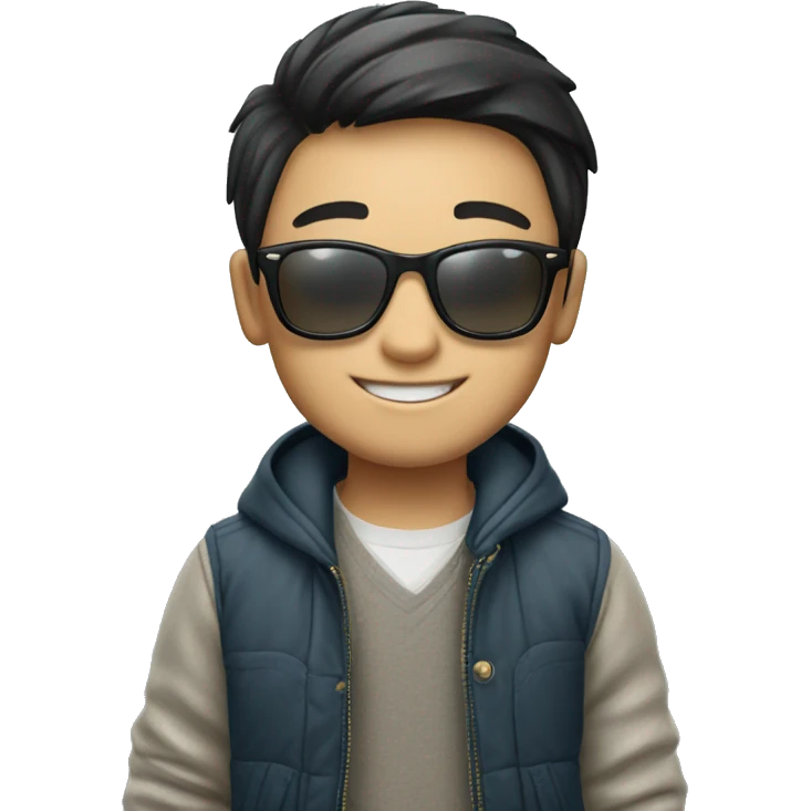 chinese smiling boy in stylish outfit with ray-ban emoji