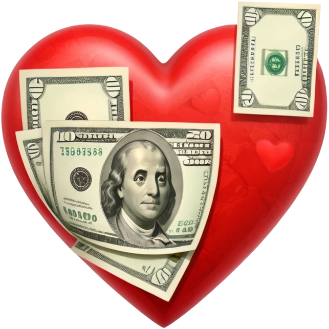 "Realistic HD red heart fused with money, cash integrated into the heart, glossy texture, clean white background." emoji