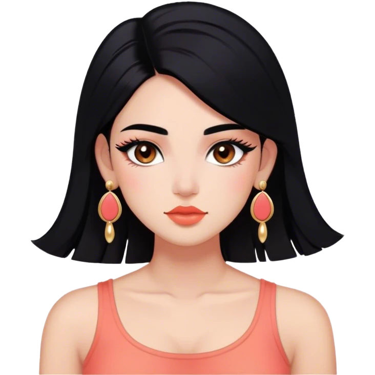 Tez morena, pelo negro largo lacio sin peinado, cejas pronunciadas, ojos grandes color marrones oscuro con pestañas largas, nariz pequeña, labios grandes color coral, rubor coral, top corto negro, orejas pequeñas y pantallas color oro emoji