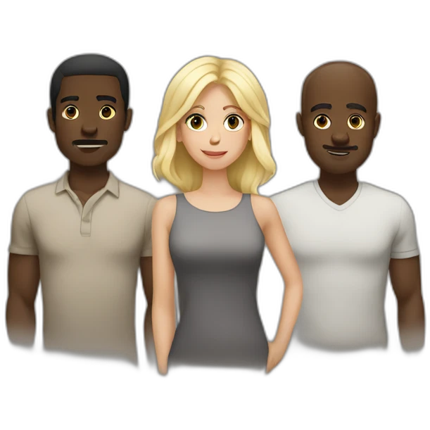 six dark-skinned men stand in a row behind a pale blonde woman emoji