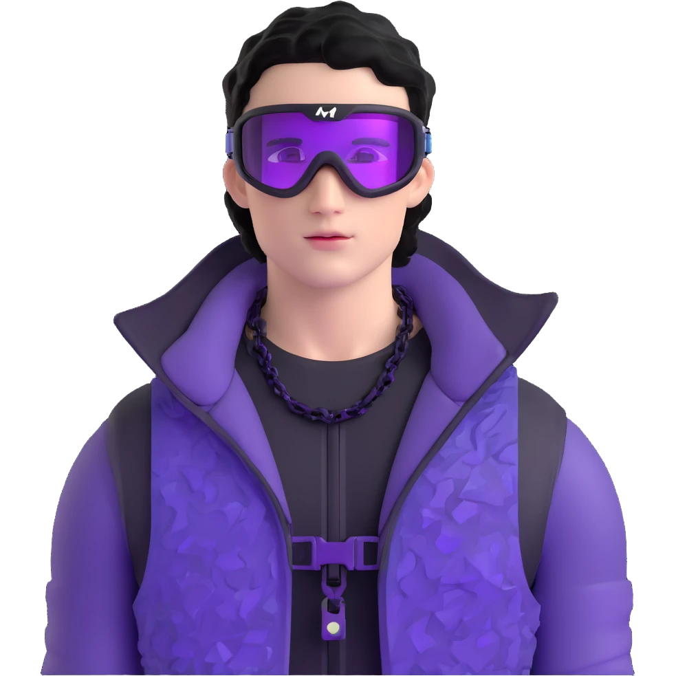 male athlete with white skin and moderately curly black hair on top with shaved sides, wearing ski goggles with purple frames and very dark black lenses, a simple plain black chain necklace, and a completely unzipped shiny vest with purple and black sequin fire pattern design, fully revealing his chest and abs, no earrings emoji