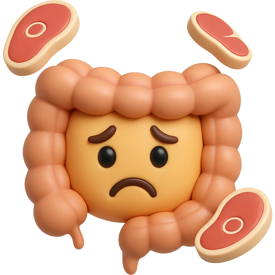emoji stile iphone in 3d di un intestino triste con fette di carne che gli fluttuano intorno emoji