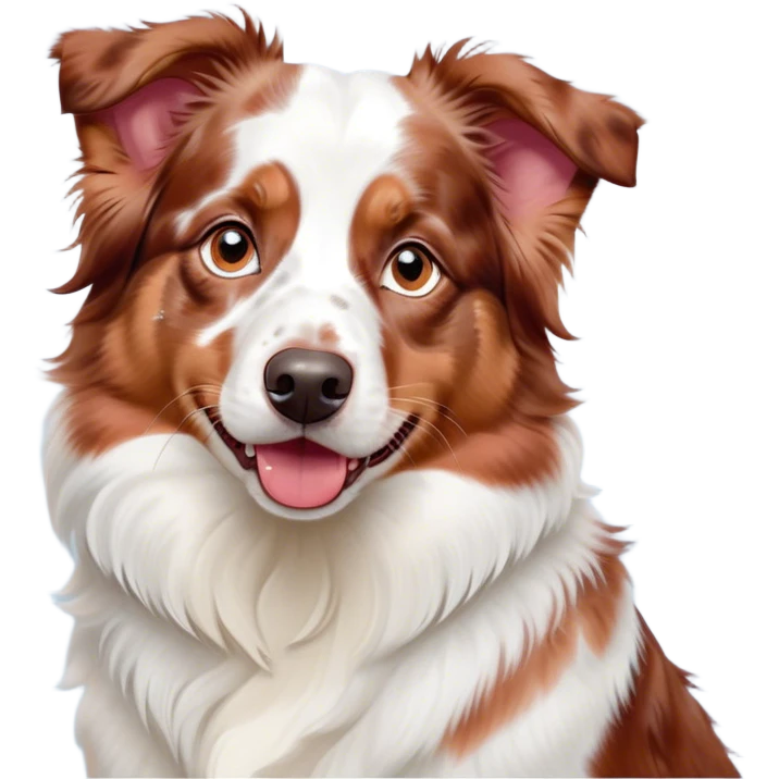 Cinematic Cute Predominantly White Red Merle Australian Shepherd Portrait Emoji, Head tilted playfully and inquisitively, predominantly white fur with vibrant red merle patches, round, sparkling blue eyes filled with curiosity, Simplified yet irresistibly adorable features, highly detailed, glowing with a warm, friendly glow, high shine, affectionate and lively, stylized with a touch of whimsy, bright and endearing, soft glowing outline, capturing the essence of a mischievous yet loving pup, so playful it feels like it could bound out of the screen and into your arms! emoji