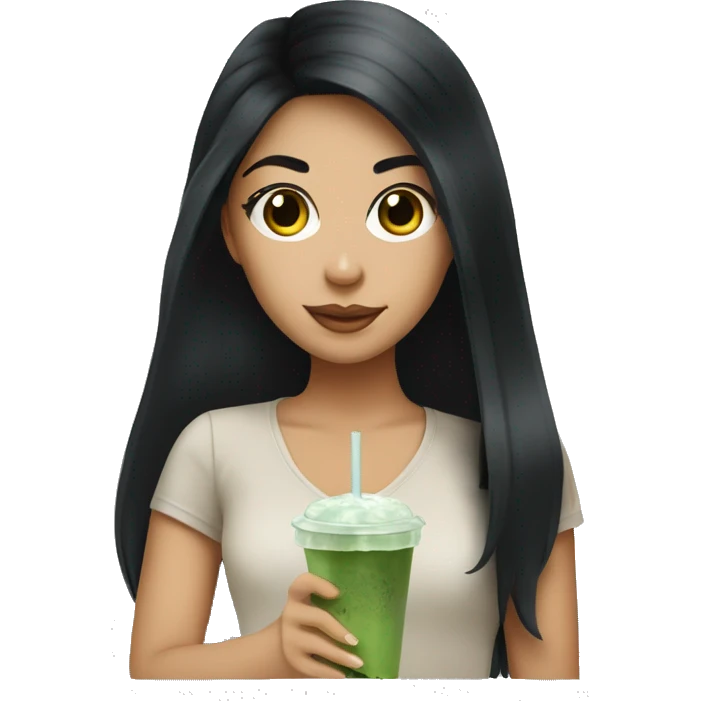 Girl with black hair and an iced matcha latte emoji