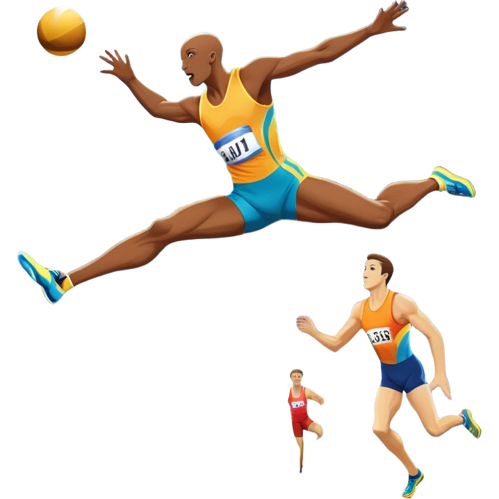 An icon showcasing  a sprinter in full speed, a high jumper soaring over the bar, a long jumper taking off, and a discus thrower in motion. The background features a vibrant stadium with cheering crowds, bright lights, and a clear sky.  emoji