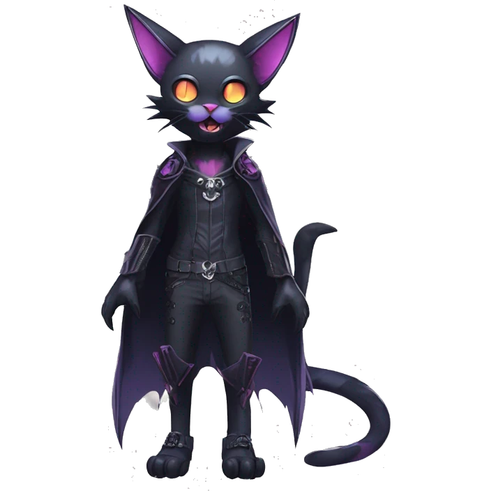   cool edgy kawaii ethereal dark-punk-themed animal vampiric cat-hybrid Fakemon with fangs and bat-wing-ears with a collar full body emoji