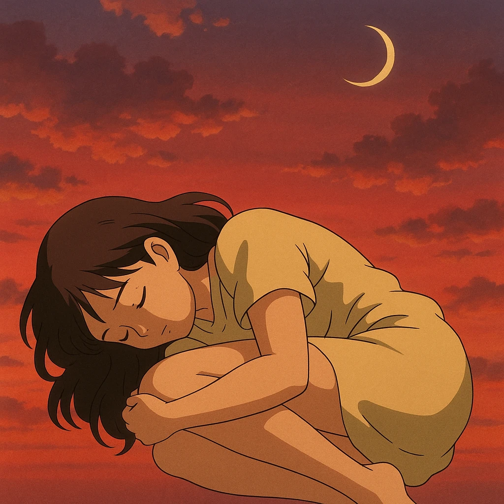 mujer en posición fetal, descansando, fondo de cielo rojizo, luna nueva, estilo ghibli emoji