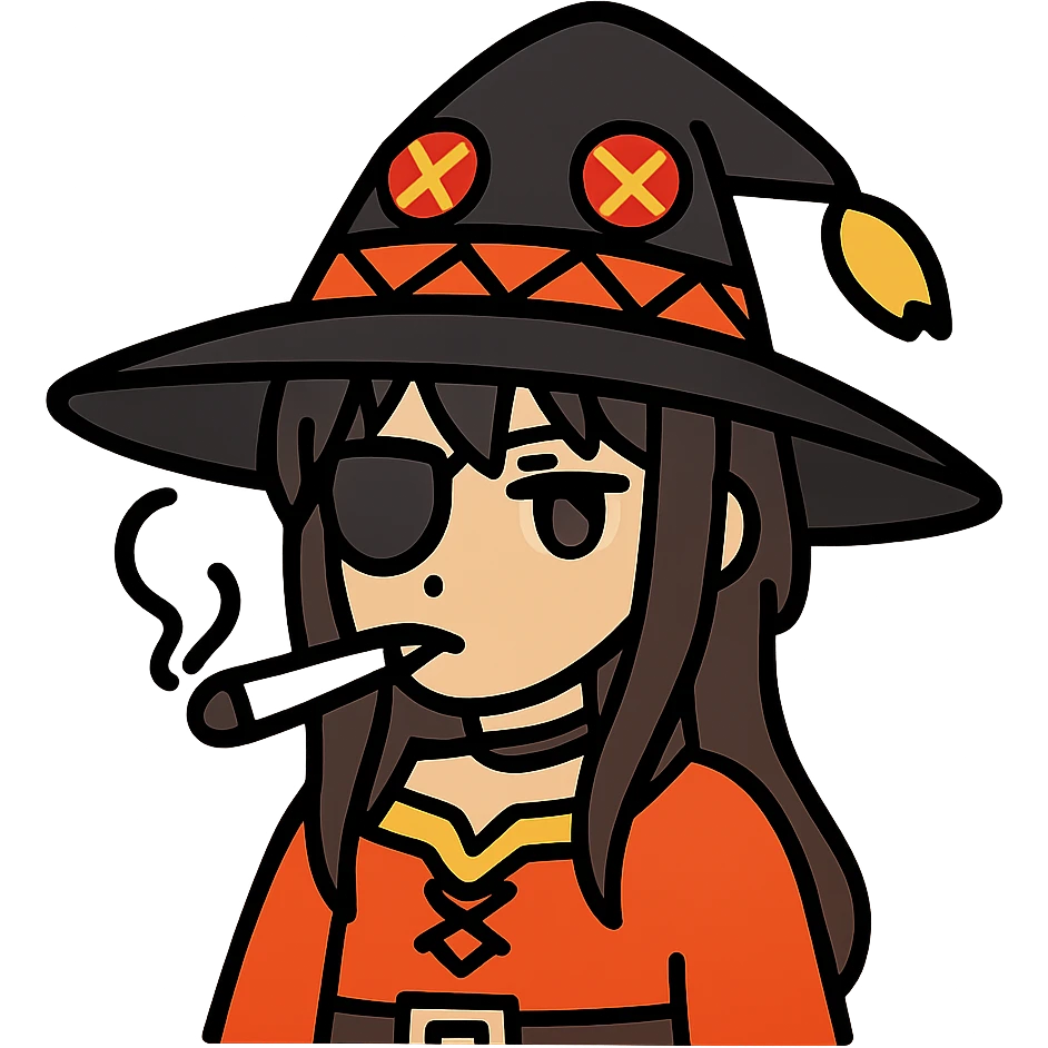 Anime witch girl Megumin from Konosuba with witch hat and eye patch smoking a joint emoji