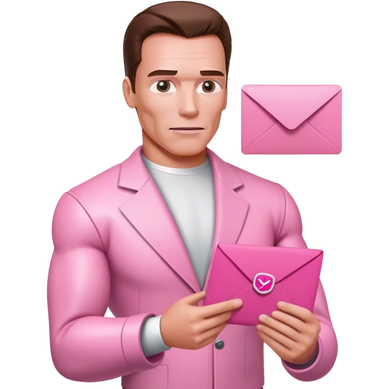 schwarzenegger-looking half robotic half human pink terminator holding pink email envelope emoji