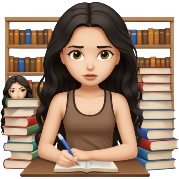 a pretty bratz light dusky girl with long wavy black hair in a brown tank top studying and lookinh tired with stacks of books and papers emoji