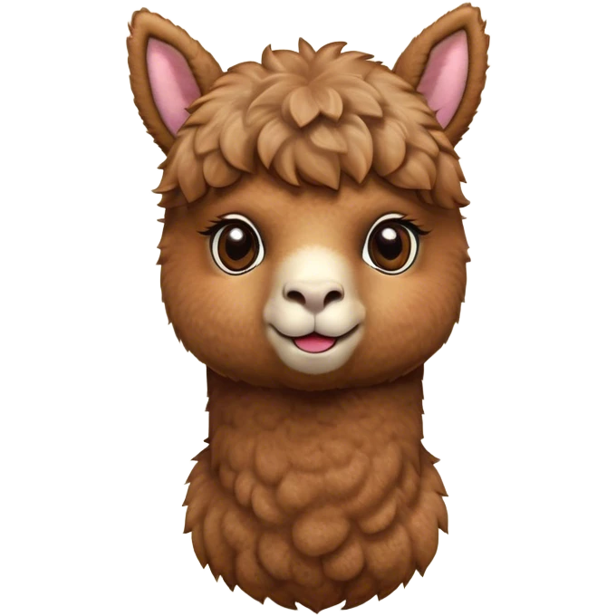 Cinematic Cute Brown Alpaca Portrait Emoji, Head tilted playfully and inquisitively, featuring a plush, rich brown fleece with a natural sheen, round, sparkling warm eyes filled with curiosity, Simplified yet irresistibly adorable features, highly detailed, glowing with a warm, friendly glow, high shine, affectionate and gentle, stylized with a touch of whimsy, bright and endearing, soft glowing outline, capturing the essence of a mischievous yet loving alpaca, so playful it feels like it could prance out of the screen and into your arms! emoji
