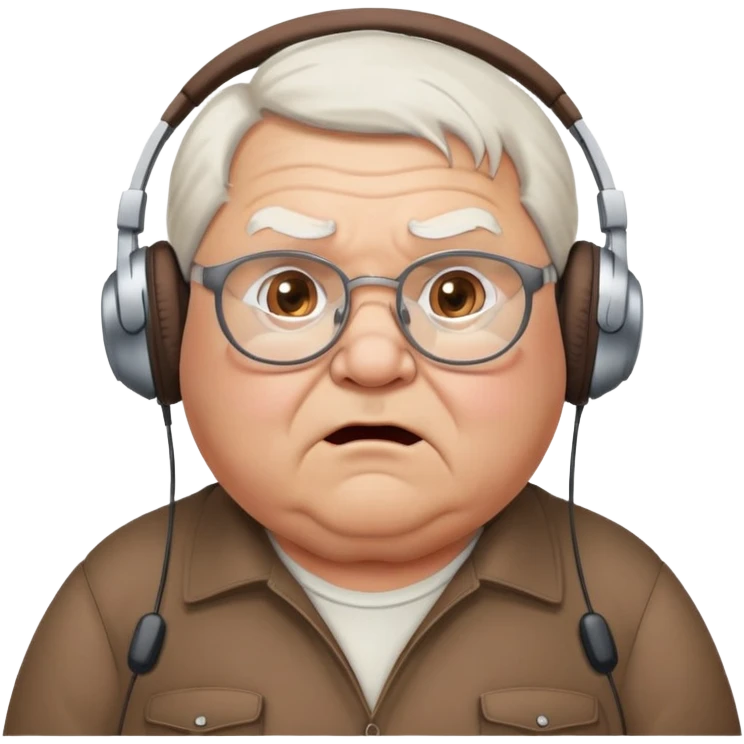 Very chubby brown old man with medium white hair, wearing glasses and headphones, looking surprised and angry, no facial hair, round full cheeks, double chin, looking to the upper left corner emoji