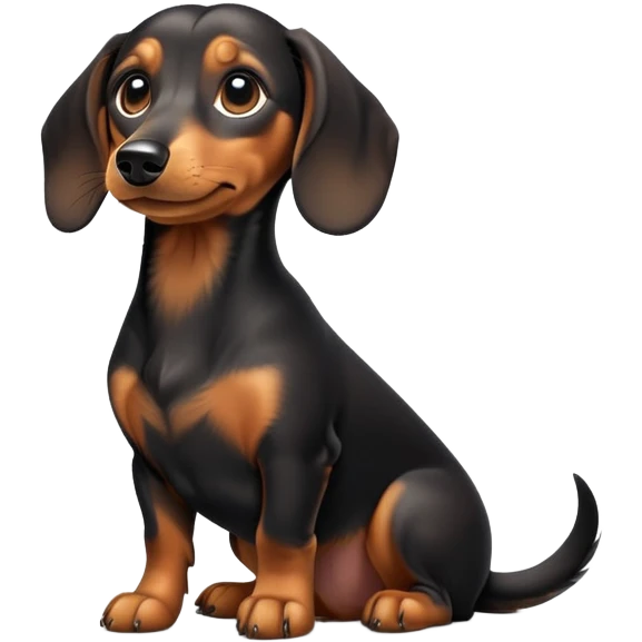 cinematic-[dachshund dog]-realistic-full-body-sitting-emoji,-tail-resting-loosely-beside-its-paws,-head-tilted-dramatically,-sleek-[black and tan]-fur,-simplified-yet-realistic-focused-features,-highly-detailed,-glowing-with-an-almost-sarcastic-glow emoji