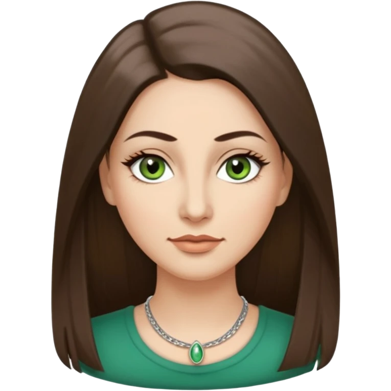40 year old Adult woman avatar, light skin tone, oval face, long straight ashy brown hair, green almond-shaped eyes with dramatic eyelashes and minimal eyeliner, neutral mouth, medium straight eyebrows, small nose, smooth skin emoji