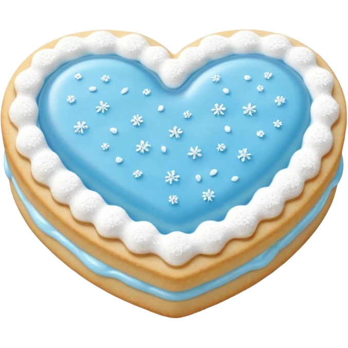 Realistic shortbread cookie in the shape of a heart with baby blue jelly middle filling and sprinkled powder sugar on top. emoji