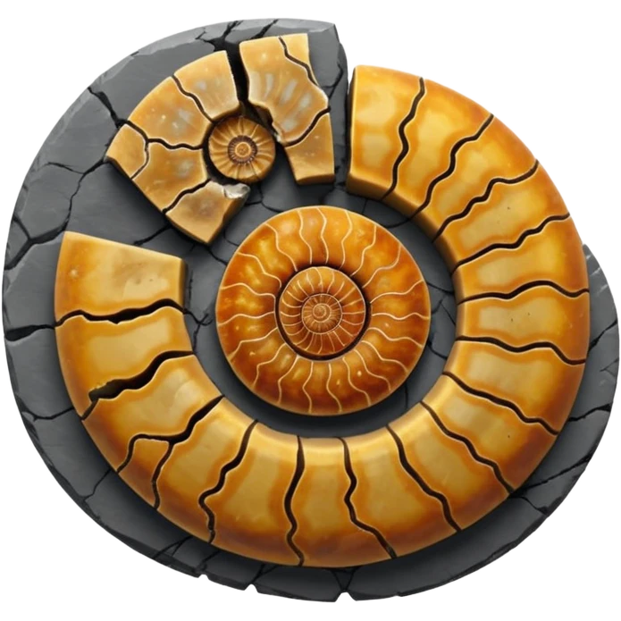 3D render of Ammonite, embedded in a chunk of rough sedimentary rock, cracked stone texture, ancient fossil aesthetic, embedded in dark grey slate stone, matte dry finish, Apple emoji style, isolated on white background --v 6.0 emoji