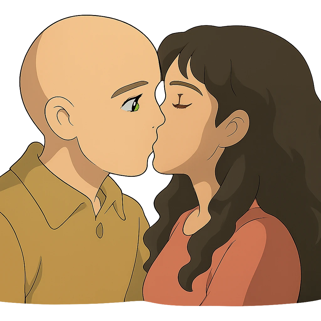 caucasian bald man with green eyes and caucasian woman with long curly dark hair and brown eyes kissing, ghibli style emoji