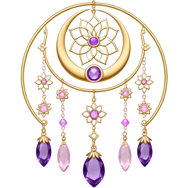 Epic Hanging gold suncatcher, threads with shiny sparkly amethyst and rose-quartz gemstones, flowers, crescents-moons emoji