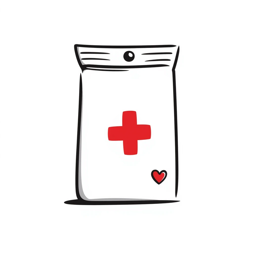 Hand-drawn intimate health clinic packet with red cross and small heart icon, sealed medical packet emoji