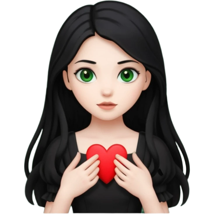 Pale girl with long black hair and dark green eyes wearing black dress and holding black heart emoji