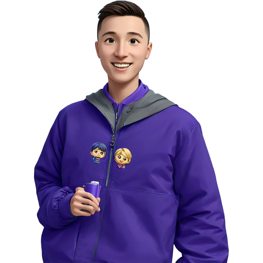 smiling boy outdoors in purple jacket emoji