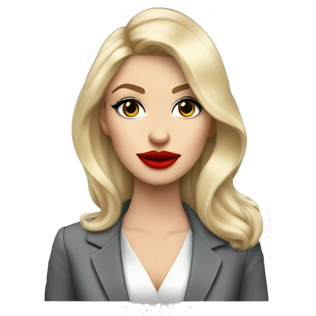 Russian Blonde long hair with big red lips small nose and black eyes Tiffany diamond seller in a grey suit emoji