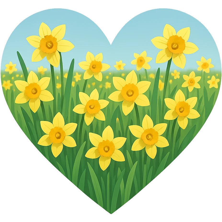 heart with a spring daffodil field, clean digital illustration emoji