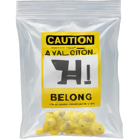 Clear ziploc bag with a yellow caution sign on the label emoji