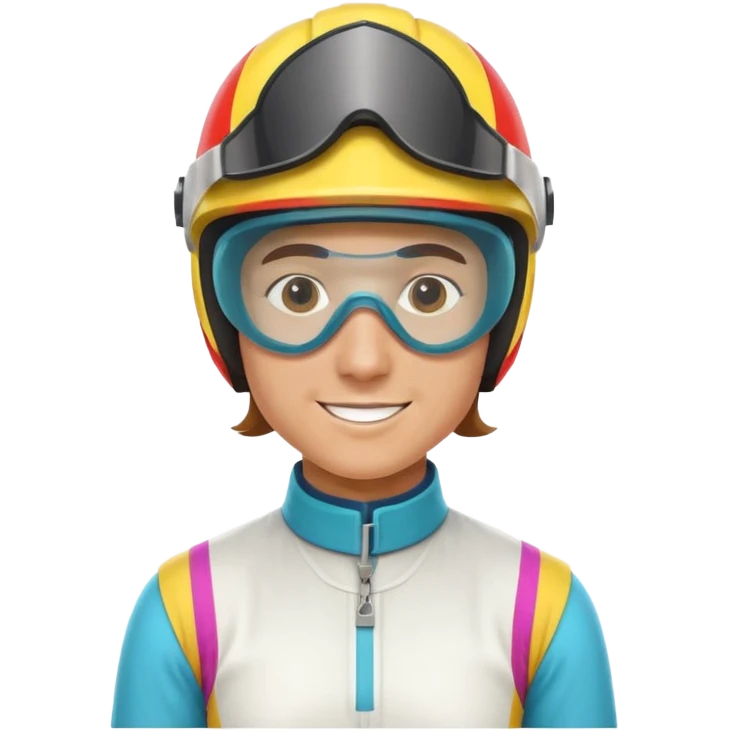horse race jockey portrait, head and shoulders only, wearing colorful racing helmet and goggles, sporty uniform collar, confident smile, 3D cartoon, mobile game icon style, clean background, no text, no watermark
 emoji