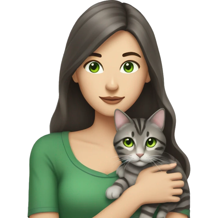 A woman with long dark brown hair and green eyes holds a gray tabby cat with green eyes in her arms emoji
