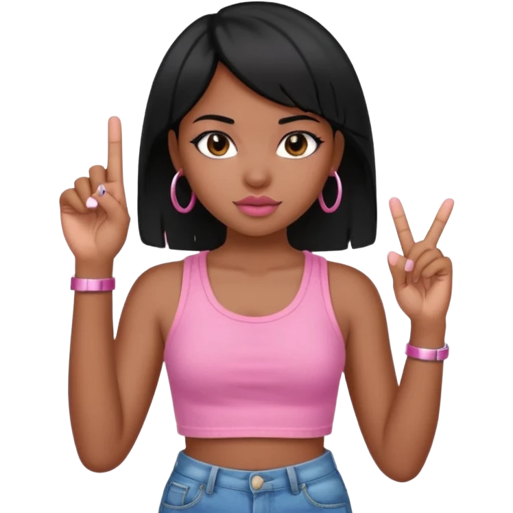 Black girl with straight black hair, giving middle finger, pink crop top and jeans shorts emoji