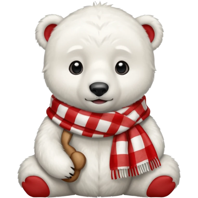 baby polar bear wearing a red and white checkered scarf emoji