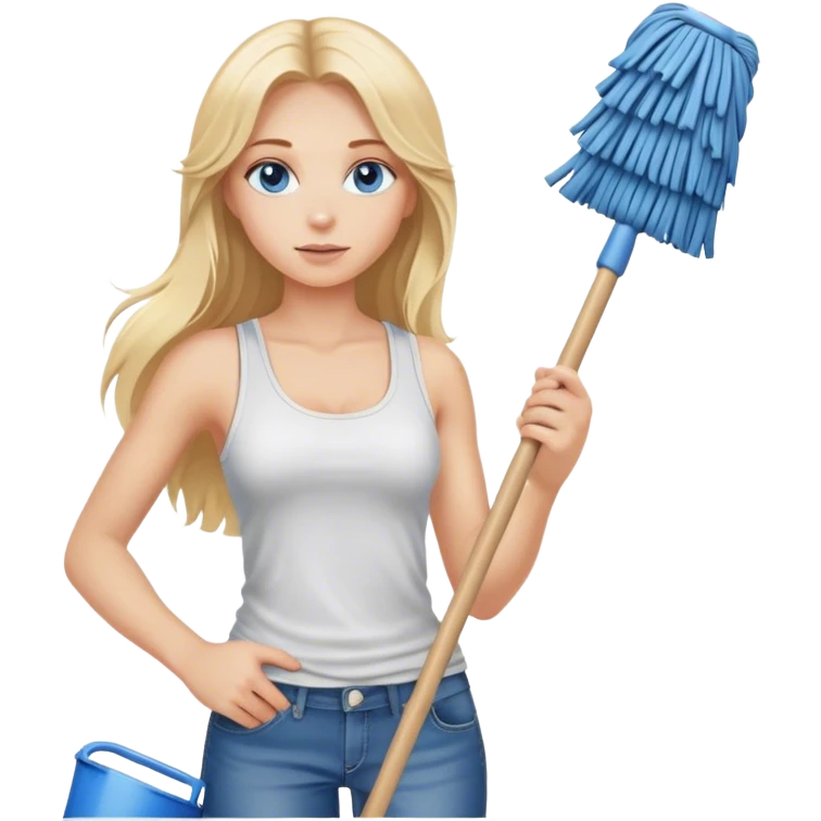  blonde with long hair and blue eyes, dressed in jeans and a tank top, holding a mop in her hands emoji