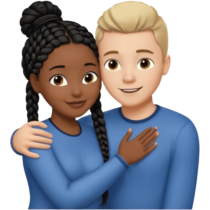 Dark black girl with black braids and tan white boy with curvy straight brown hair, they are hugging and smiling, and touching each other with their hands emoji