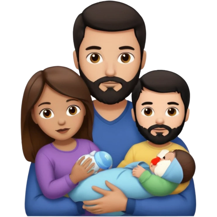 Una mujer con pelo castaño y ojos marrones  con un bebé y un hombre con pelo negro y barba sin bebe emoji