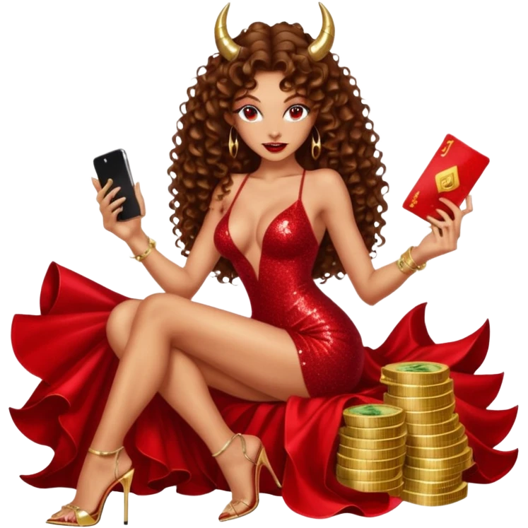 Sexy, playboy stripper woman brown curly long  hair half naked sensual devil horns red glitter dress with slit, holding cash and a phone  while she is sitting  top of gold wearing tall platform heels emoji