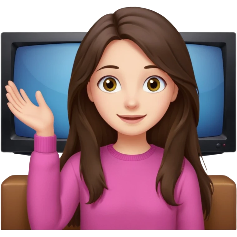 happy long haired brunette girl hazel eyes in pink watching tv emoji