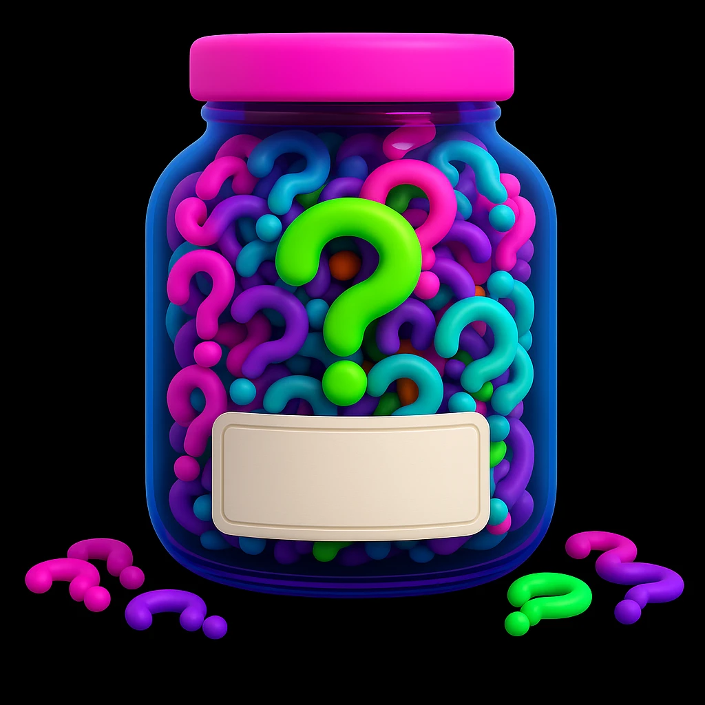 Add a blank label to the front of the jar, keep the neon question marks and 3D emoji style emoji