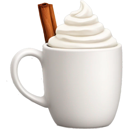 white mug of hot chocolate with whipped cream and cinnamon emoji