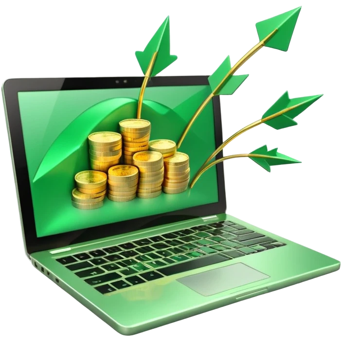 3D laptop icon with gold coins flying out of screen, green color (#0B3D2C), gold accents (#C9B037), upward arrows, glossy modern style, transparent background emoji