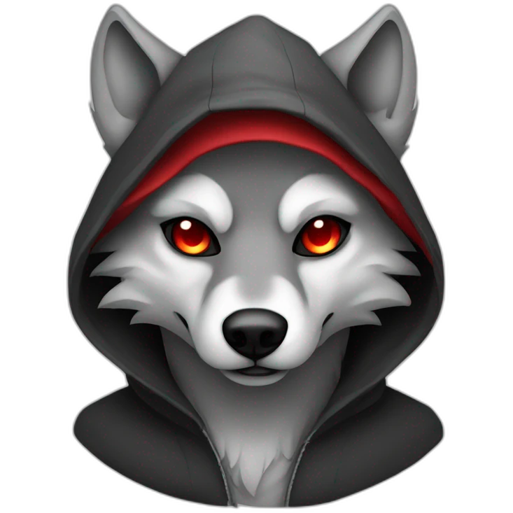 grey wolf with red eyes wearing a black hood holding a sickle emoji