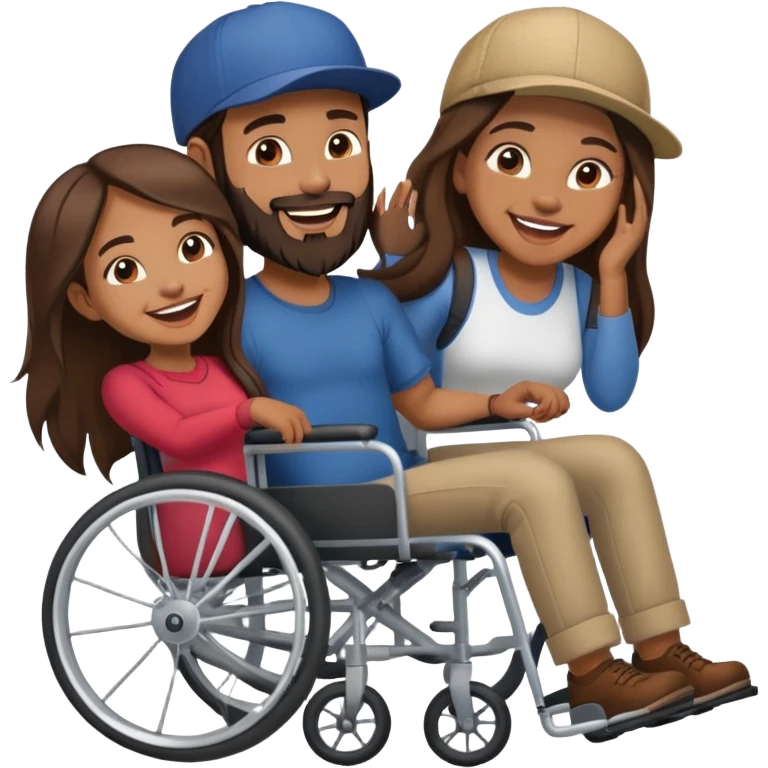 Tan skinned man with a beard and fitted cap in a wheelchair and a brown skinned woman with long dark hair in a wheelchair laughing  emoji