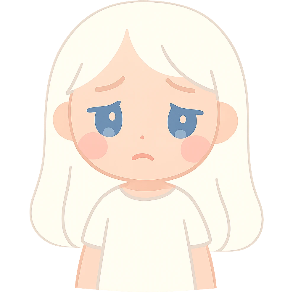 A girl with long white hair, blue eyes, sad and tired, wearing a white dress. emoji