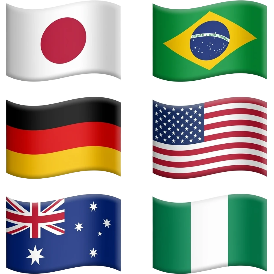 Japan, Brazil, Germany, United States, Australia, Nigeria all wrapped in pink and white emoji